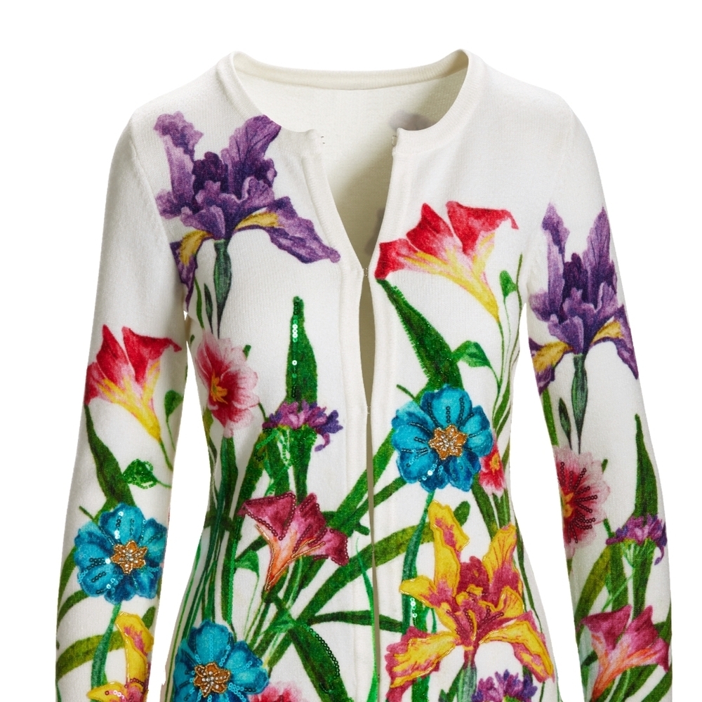 Boston Proper Floral Cardigan - White, Purple, Green, Blue, Yellow - Picture 2 of 10